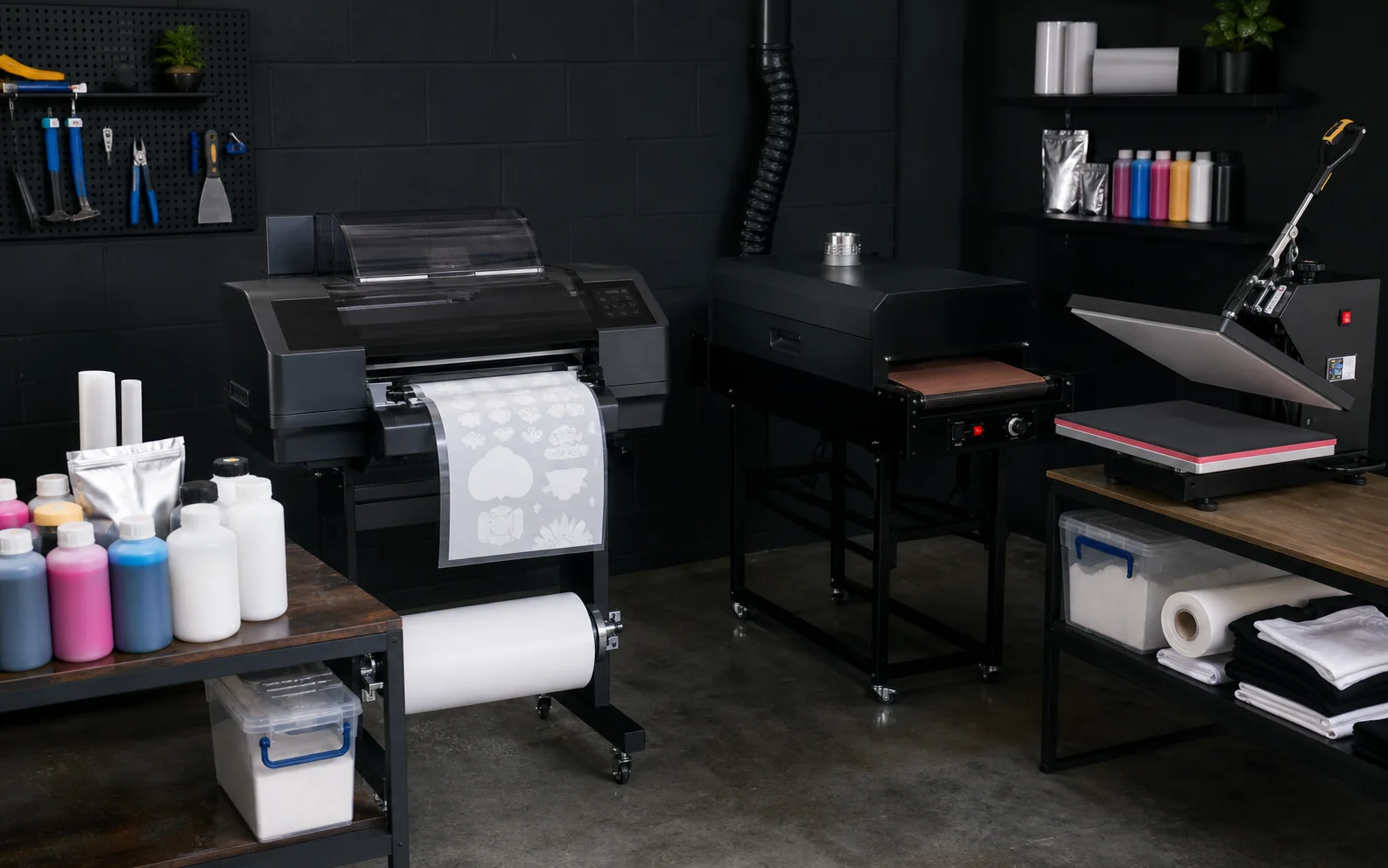 Representative small-business DTF printing workspace with printer, curing unit and heat press